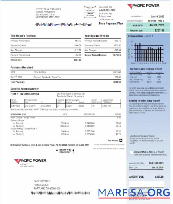 Printable USA PACIFIC POWER utility bill Word and PDF template